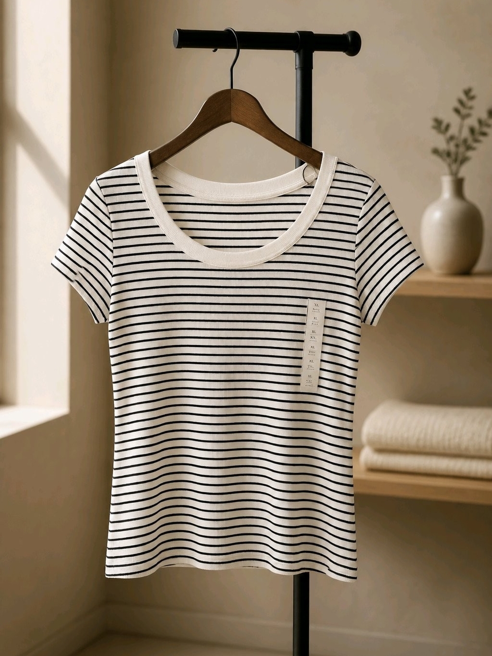 a new day Ivory and Black Striped Scoop Neck Tee